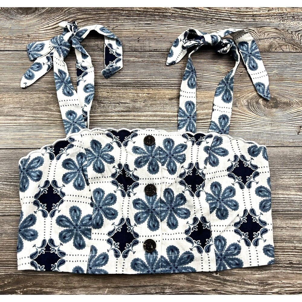 AguaBendita White/Blue Crop Top‎ Tank S Linen Blend Summer Beach Boho Festival